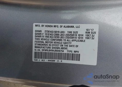 2018 Honda Odyssey Elite из США, поврежденный, VIN 5FNRL6H94JB048754